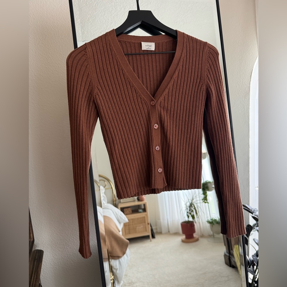 Wilfred Free Aritizia Merino Wool Cotton Blend Cardigan Ribbed Knit Brown